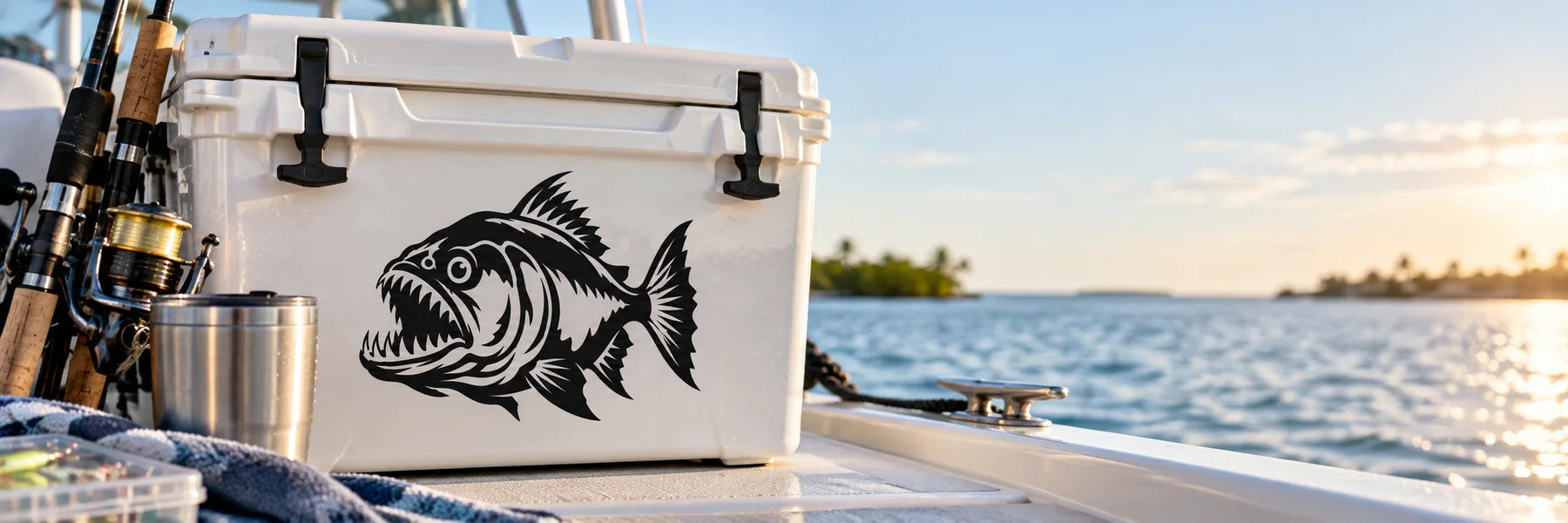 Illustrative Piranha Decals vinyl application in a realistic panoramic lifestyle scene.