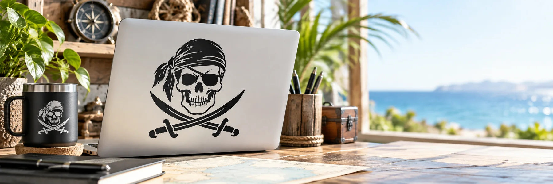 Illustrative Pirate Skull Decals vinyl application in a realistic panoramic lifestyle scene.