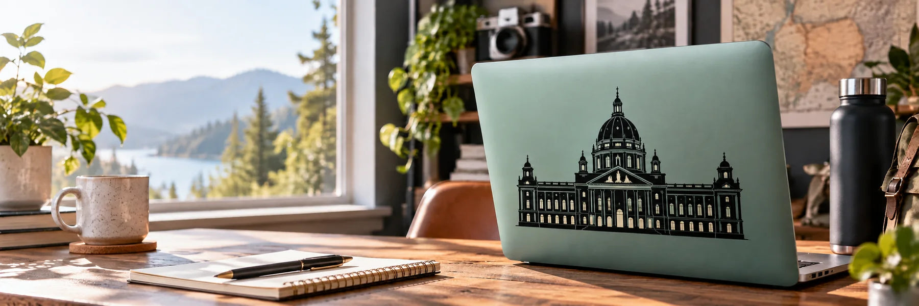 Illustrative Building Decals vinyl application in a realistic panoramic lifestyle scene.