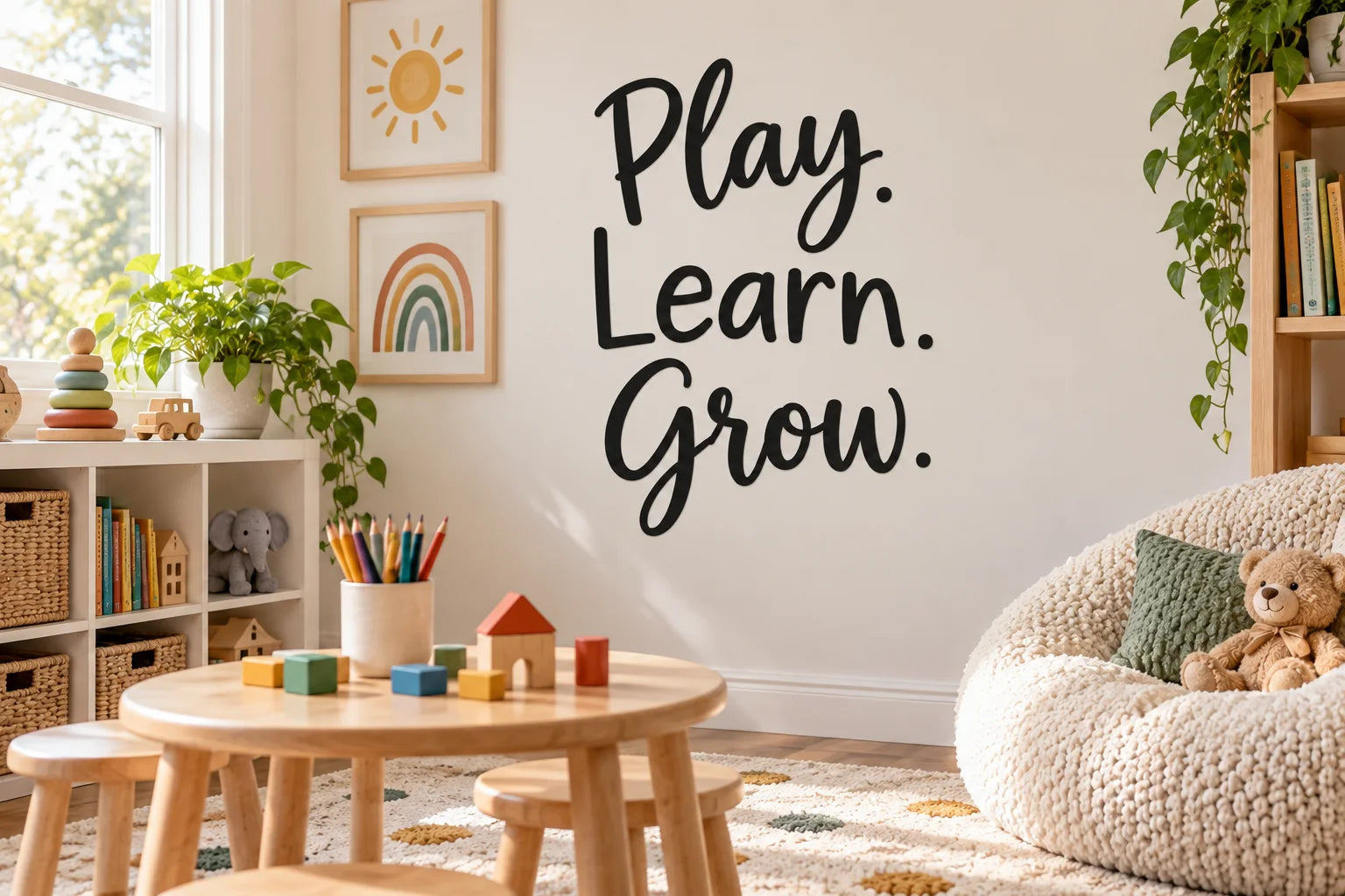Illustrative Playroom Quote Decals vinyl application in a realistic separate close-up lifestyle scene.