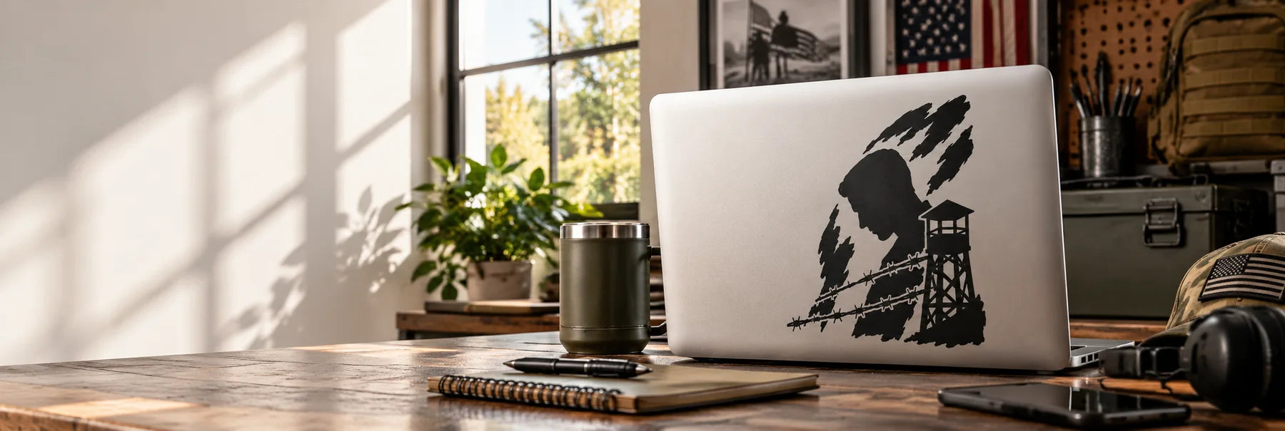 Illustrative POW Decals vinyl application in a realistic panoramic lifestyle scene.