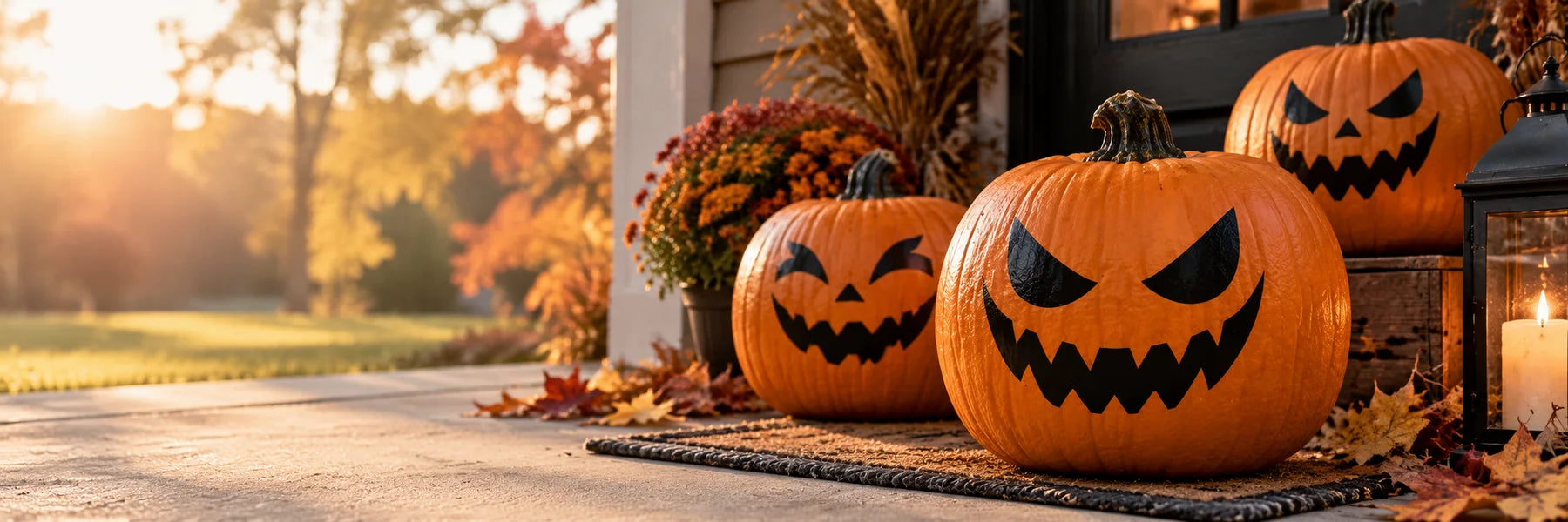 Illustrative Pumpkin Faces vinyl application in a realistic panoramic lifestyle scene.