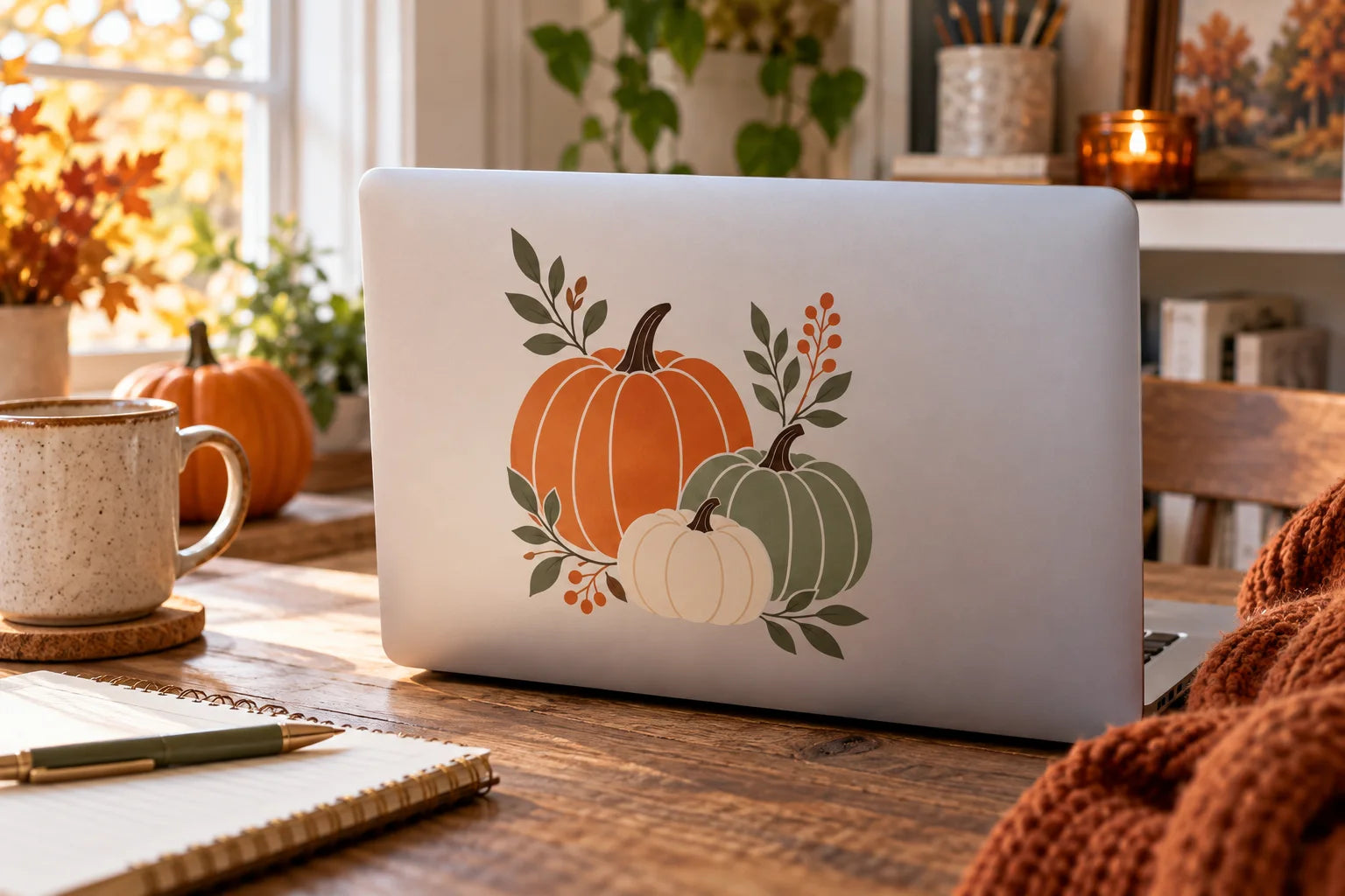 Illustrative Pumpkin Decals vinyl application in a realistic separate close-up lifestyle scene.