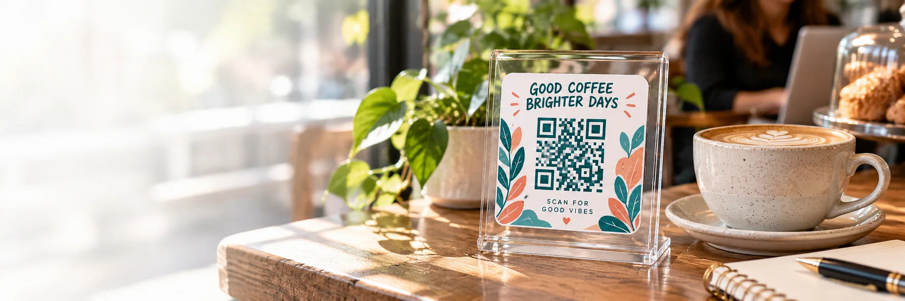 Illustrative QR Code Sticker vinyl application in a realistic panoramic lifestyle scene.