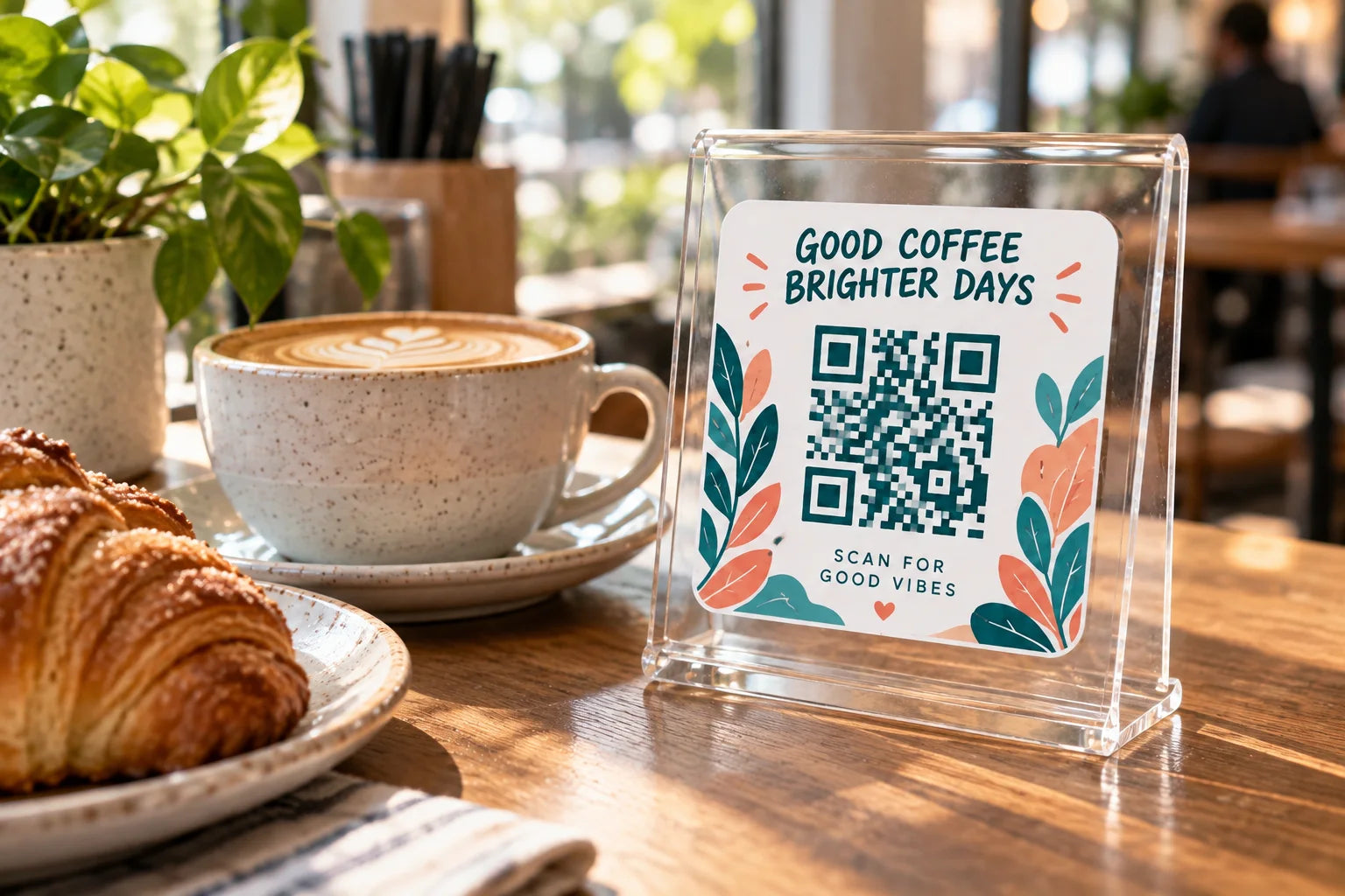 Illustrative QR Code Sticker vinyl application in a realistic separate close-up lifestyle scene.
