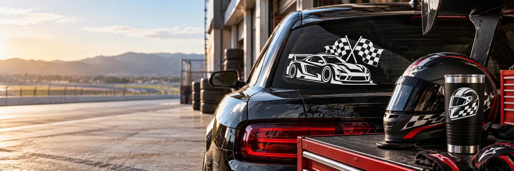 Illustrative Race Car Gear vinyl application in a realistic panoramic lifestyle scene.