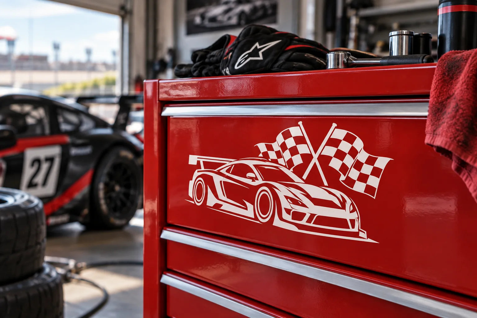Illustrative Race Car Gear vinyl application in a realistic separate close-up lifestyle scene.