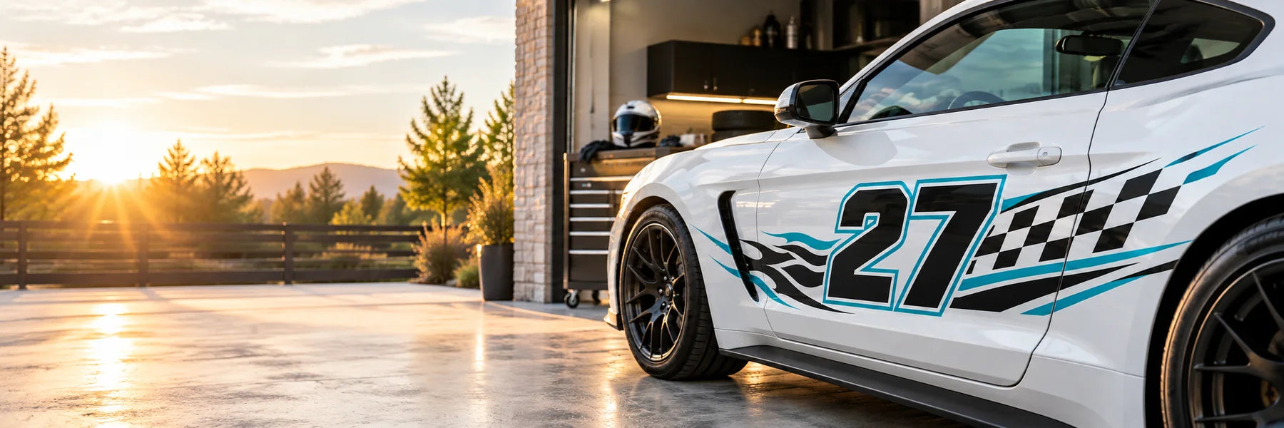 Illustrative Race Number Decals vinyl application in a realistic panoramic lifestyle scene.
