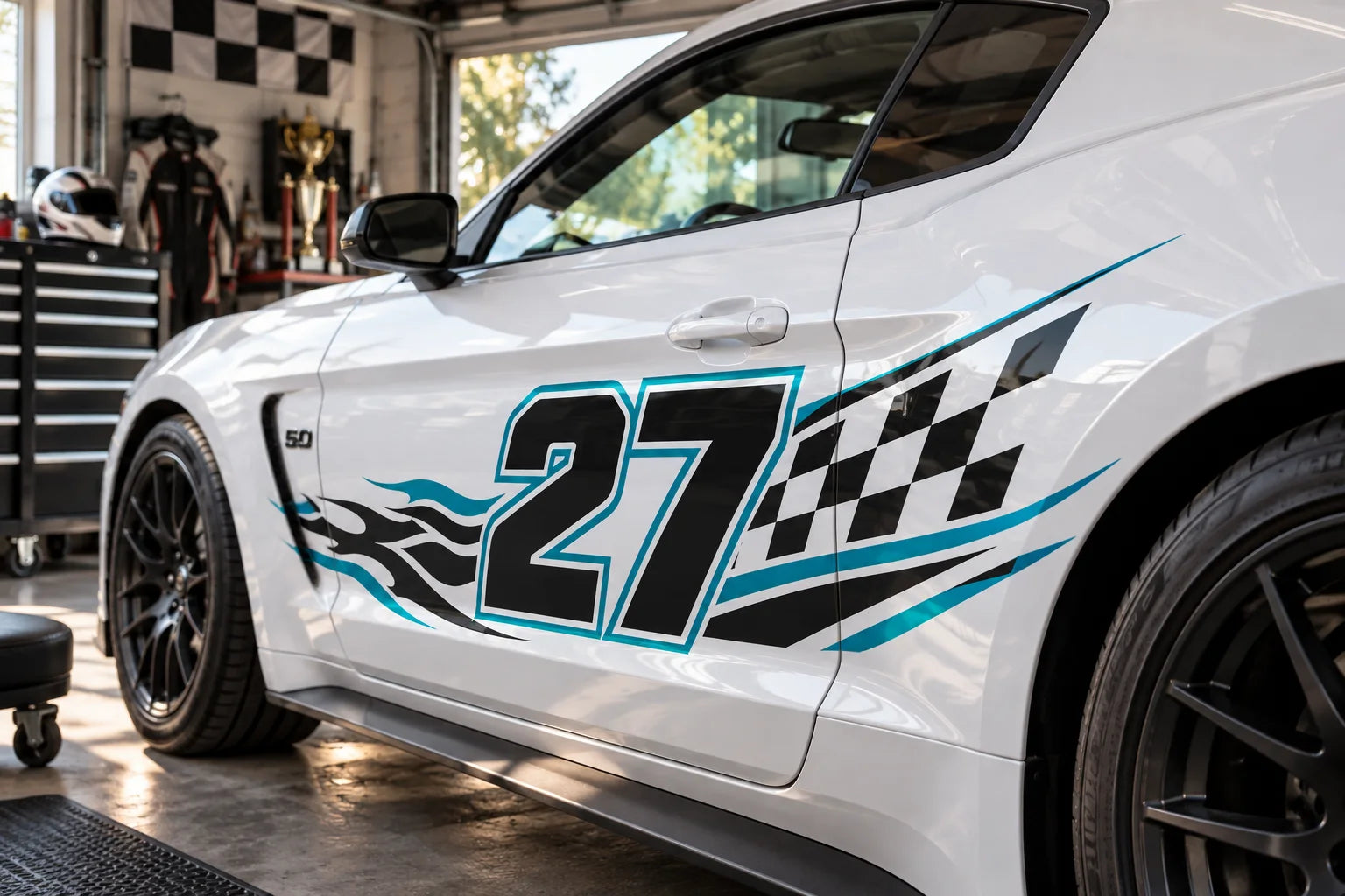 Illustrative Race Number Decals vinyl application in a realistic separate close-up lifestyle scene.