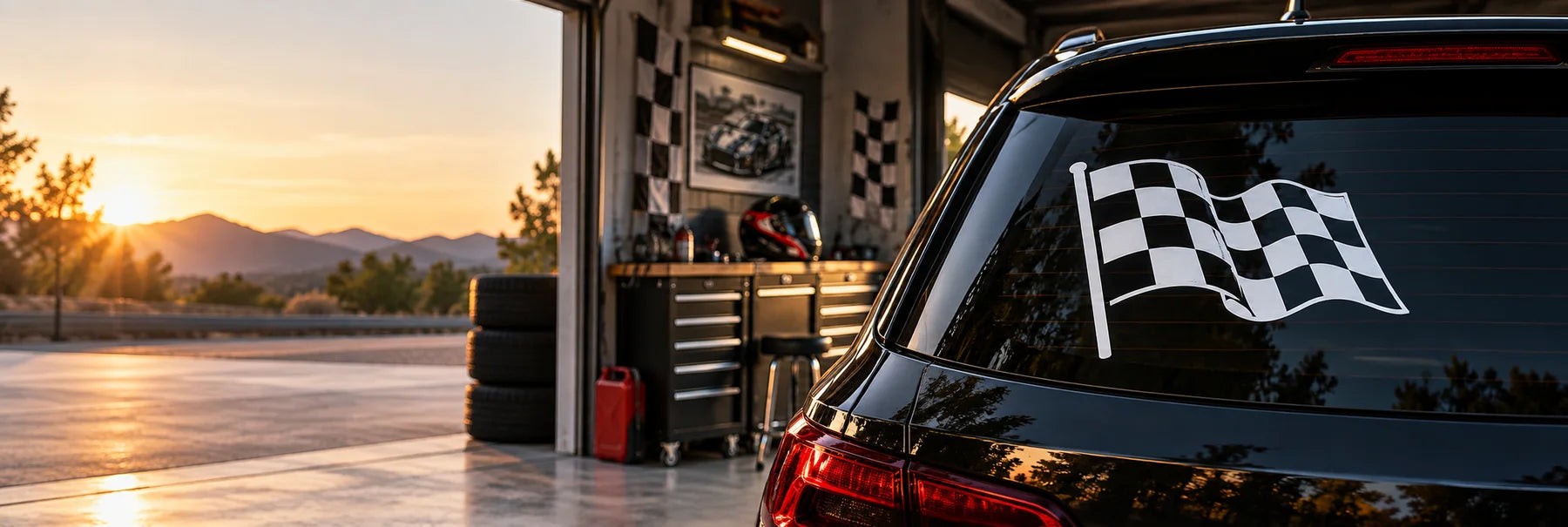 Illustrative Checkered Flag Decals vinyl application in a realistic panoramic lifestyle scene.