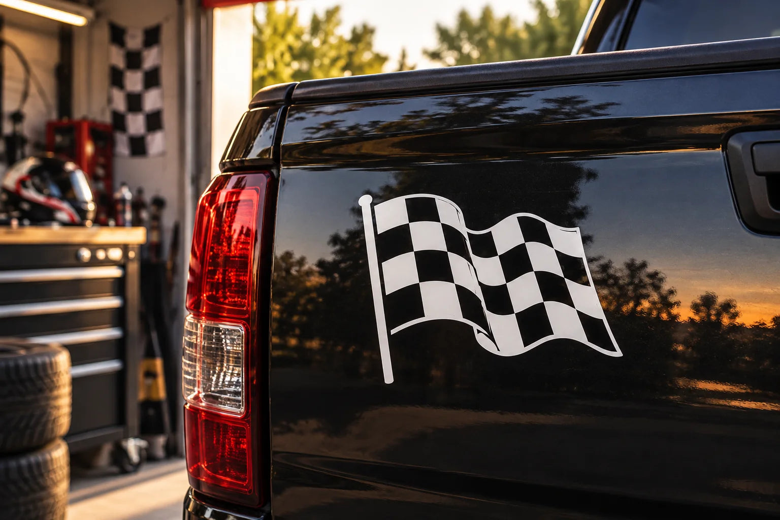 Illustrative Checkered Flag Decals vinyl application in a realistic separate close-up lifestyle scene.