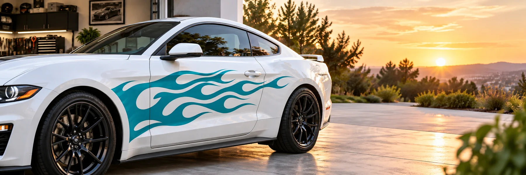 Illustrative Flame Decals vinyl application in a realistic panoramic lifestyle scene.