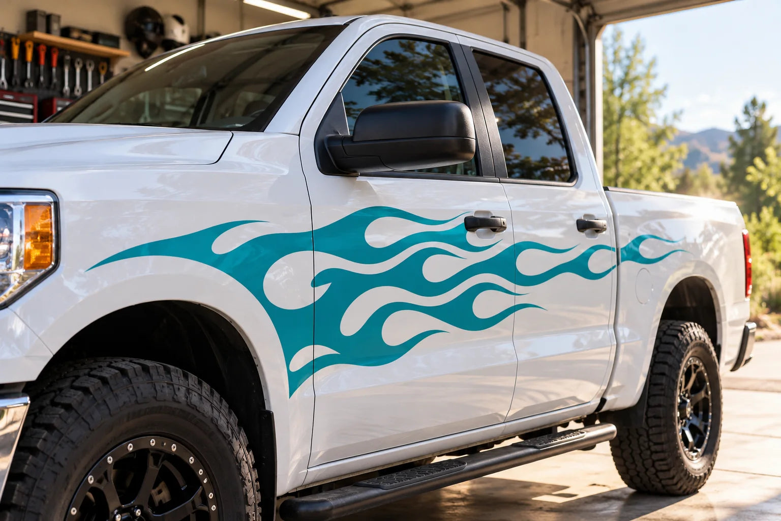 Illustrative Flame Decals vinyl application in a realistic separate close-up lifestyle scene.