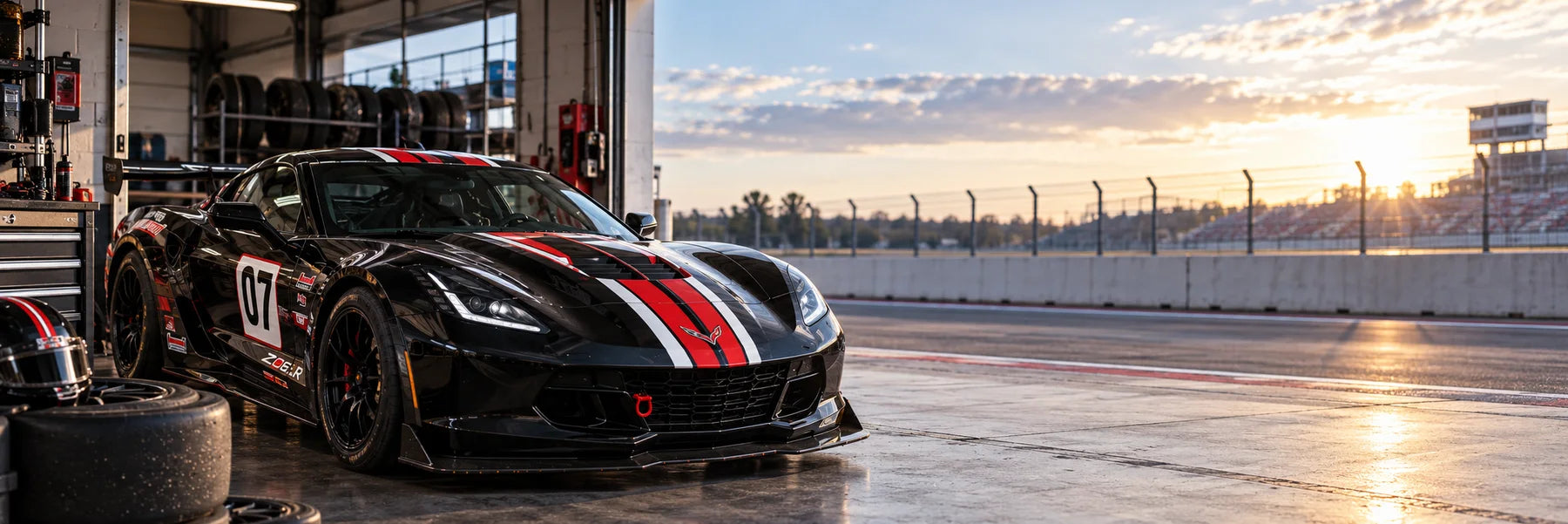 Illustrative Vehicle Racing Graphics vinyl application in a realistic panoramic lifestyle scene.
