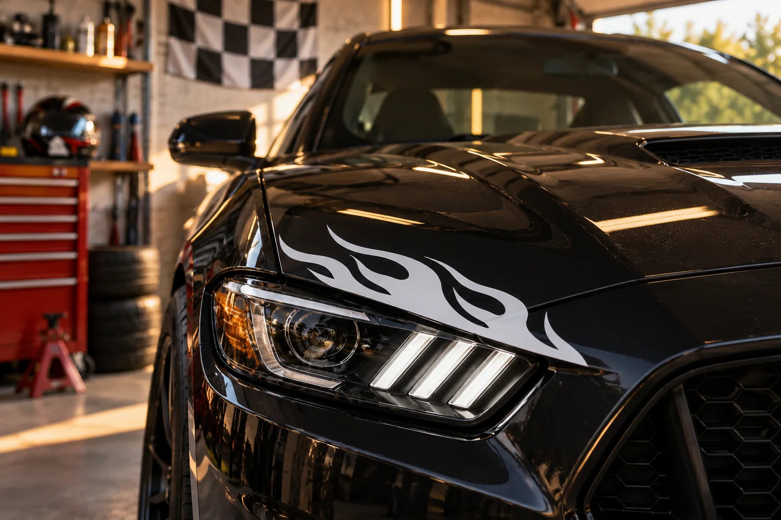 Illustrative Race Light Decals vinyl application in a realistic separate close-up lifestyle scene.