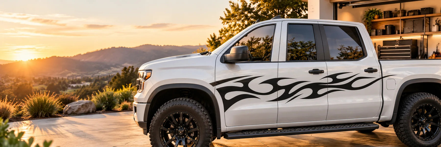 Illustrative Tribal Vehicle Decals vinyl application in a realistic panoramic lifestyle scene.