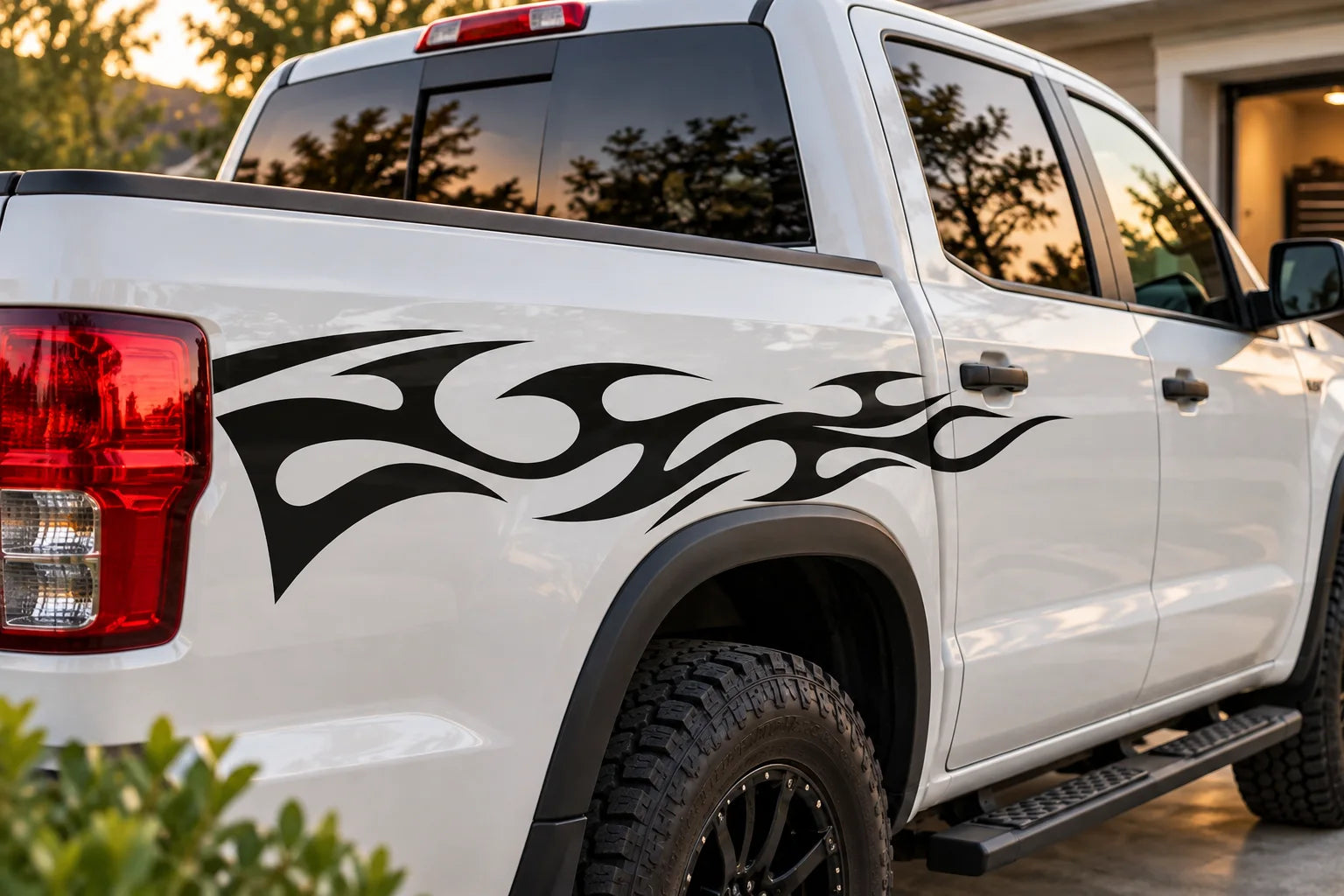 Illustrative Tribal Vehicle Decals vinyl application in a realistic separate close-up lifestyle scene.