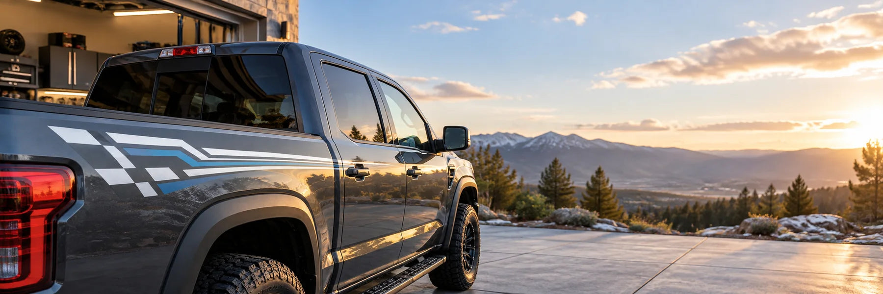 Illustrative Truck Graphic Decals vinyl application in a realistic panoramic lifestyle scene.