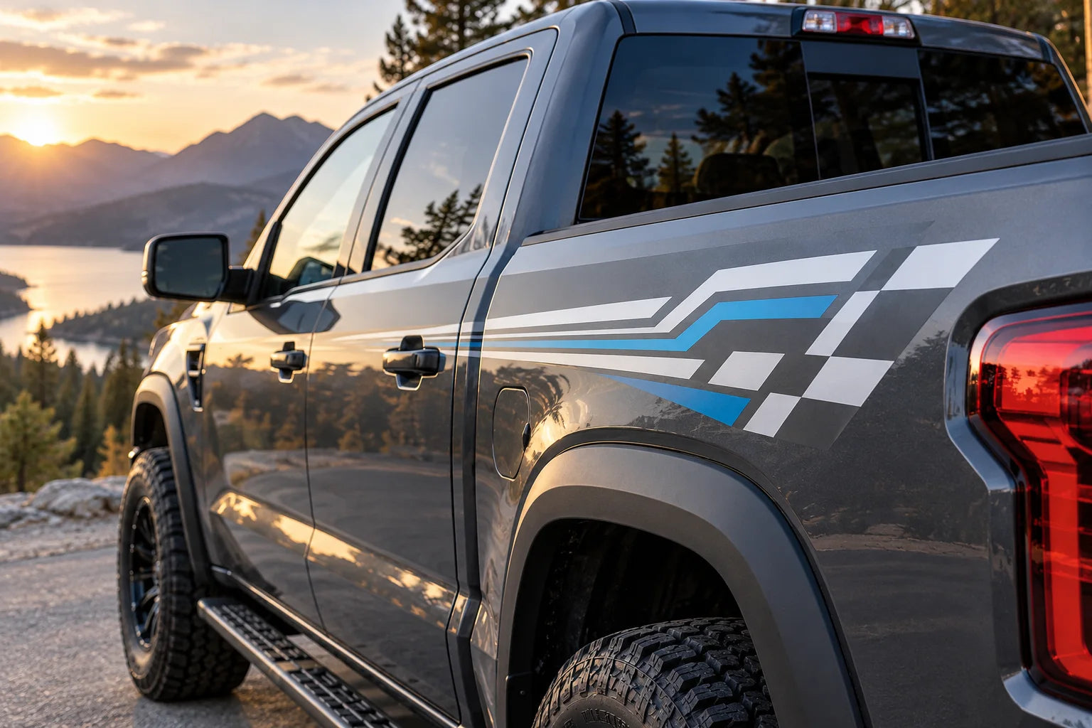 Illustrative Truck Graphic Decals vinyl application in a realistic separate close-up lifestyle scene.