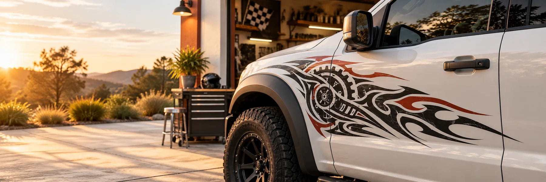 Illustrative Twisted Metal Decals vinyl application in a realistic panoramic lifestyle scene.