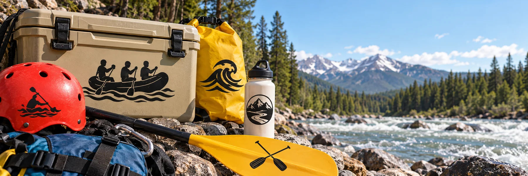 Illustrative Rafting Decals vinyl application in a realistic panoramic lifestyle scene.