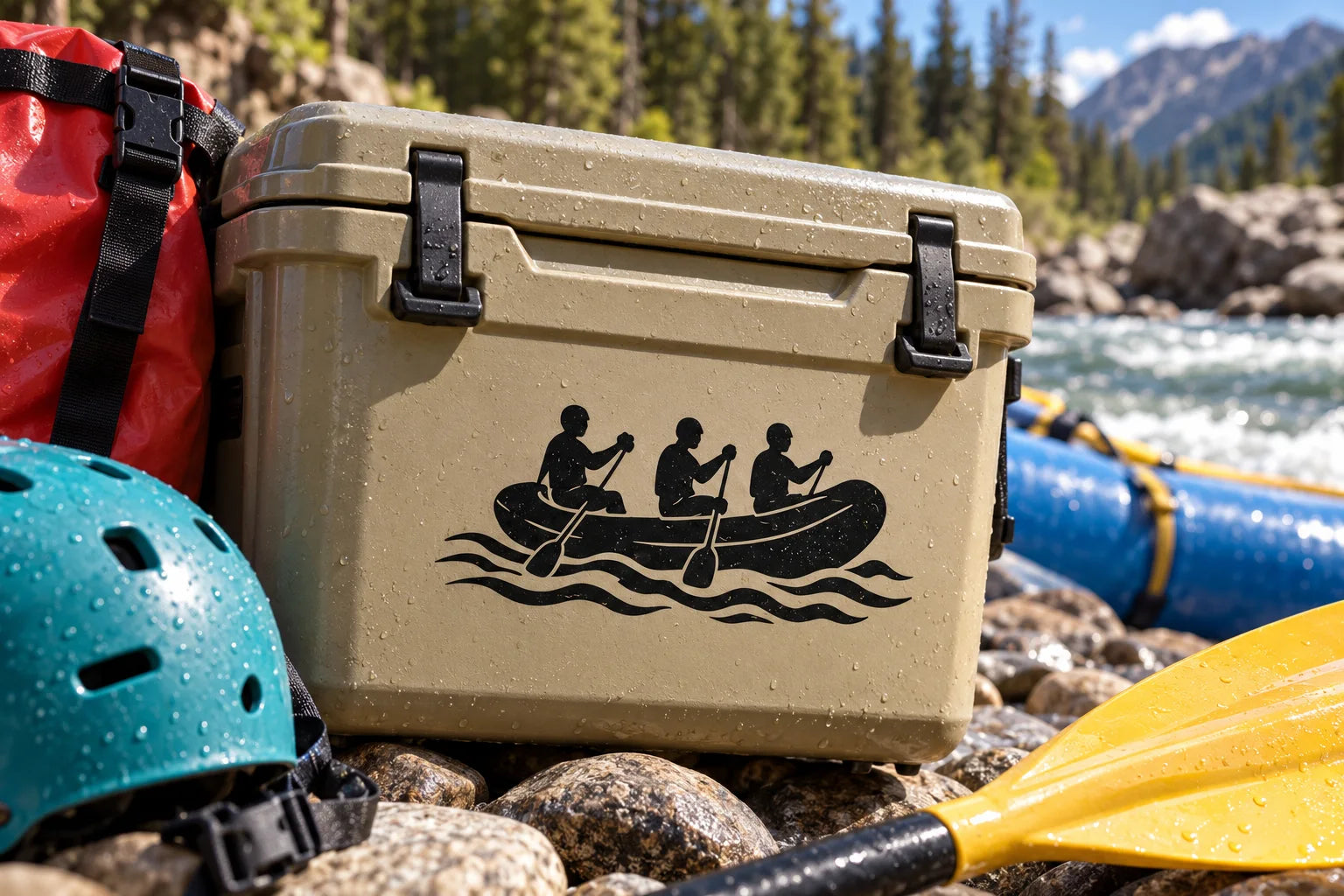 Illustrative Rafting Decals vinyl application in a realistic separate close-up lifestyle scene.