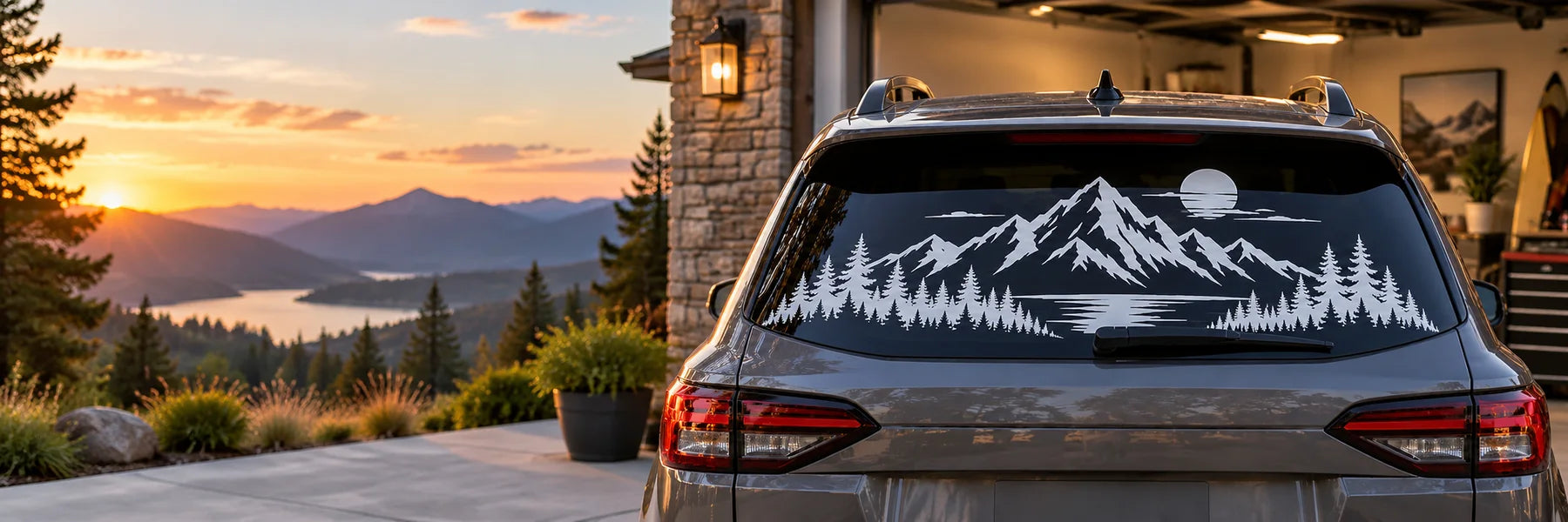 Illustrative Rear Window Graphics vinyl application in a realistic panoramic lifestyle scene.