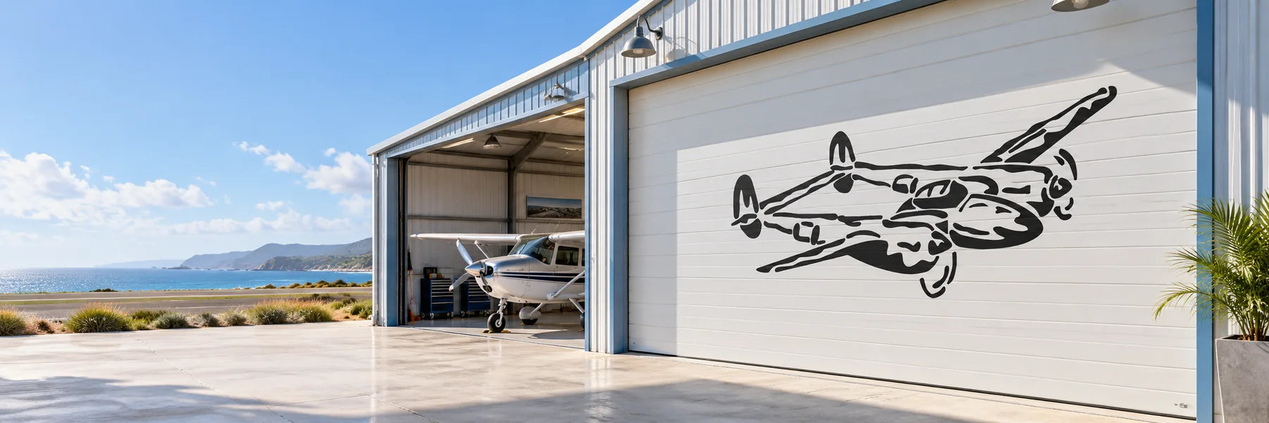 Illustrative Airplane and Jet Decals application scene: Wide sunlit small-aircraft hangar, a pale smooth rolling hangar door wearing the exact reference black P-38 aircraft vinyl graphic, actual light aircraft visible just beyond with coastal runway. Large architectural scene with airy sky-blue accents.