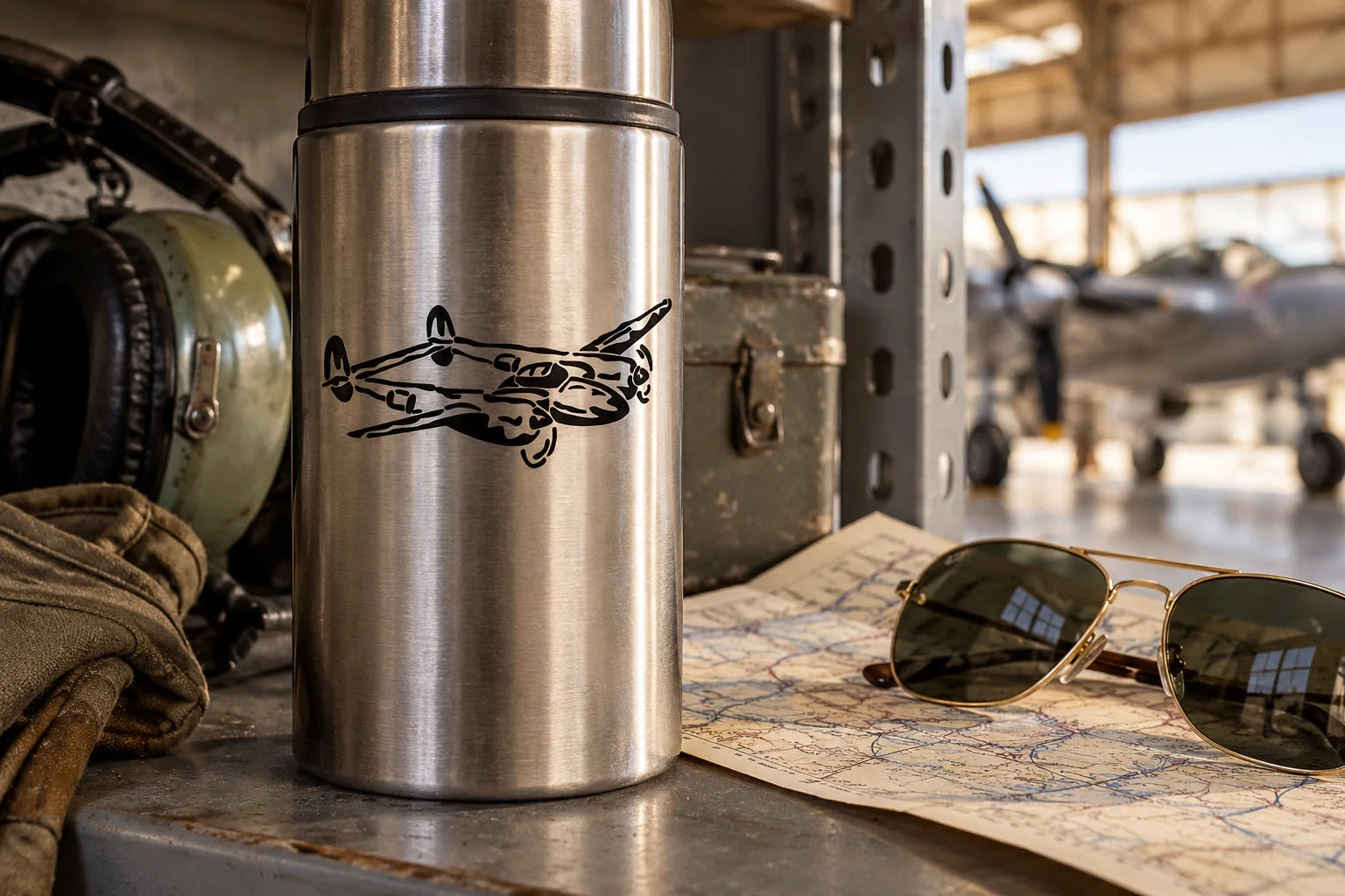 Illustrative Airplane and Jet Decals application scene: Close-up brushed metal thermos carrying exact P-38 reference in black vinyl on a hangar shelf, flight chart and sunglasses, warm indoor daylight; different from large door hero.