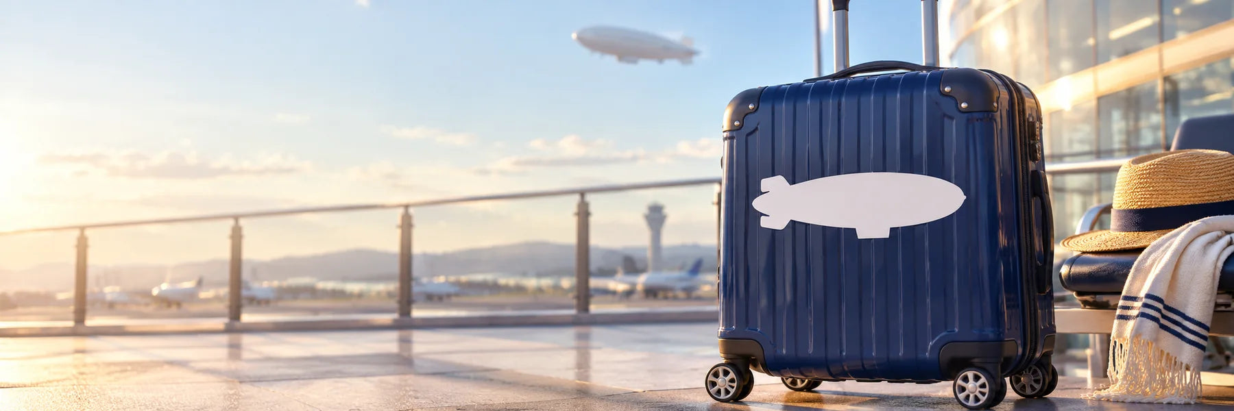 Illustrative Blimp Decals application scene: Navy-blue hard-shell travel suitcase on a sunny airport terrace, exact reference blimp silhouette as white cut vinyl, distant balloon-shaped airship in softly blurred open sky and warm terminal glass. Elegant travel scene with airy cream/blue palette.
