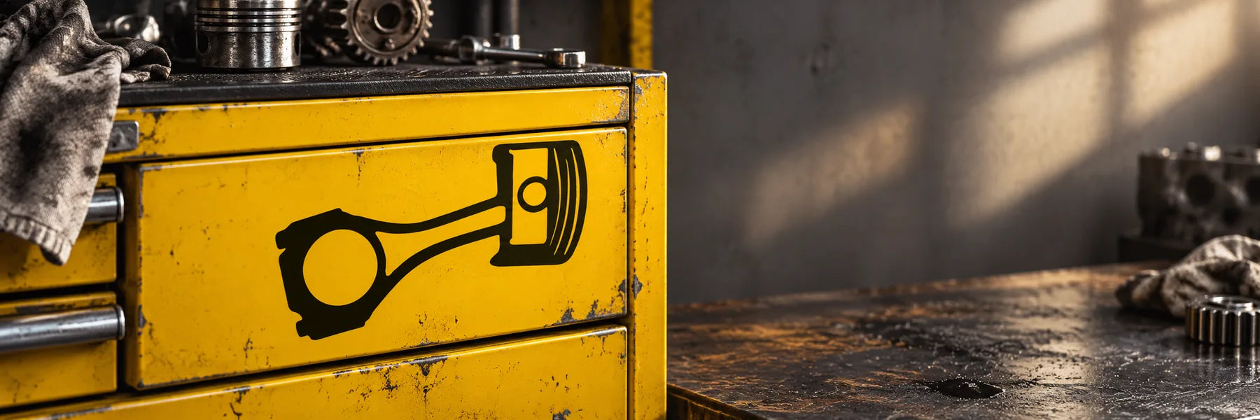 Illustrative Moto Part Decals application scene: Detail of a sun-yellow metal mechanic tool chest wearing the exact black piston vinyl graphic, worn black workbench with engine parts, moody workshop illumination. Tight tactile close-up, yellow/black contrast.