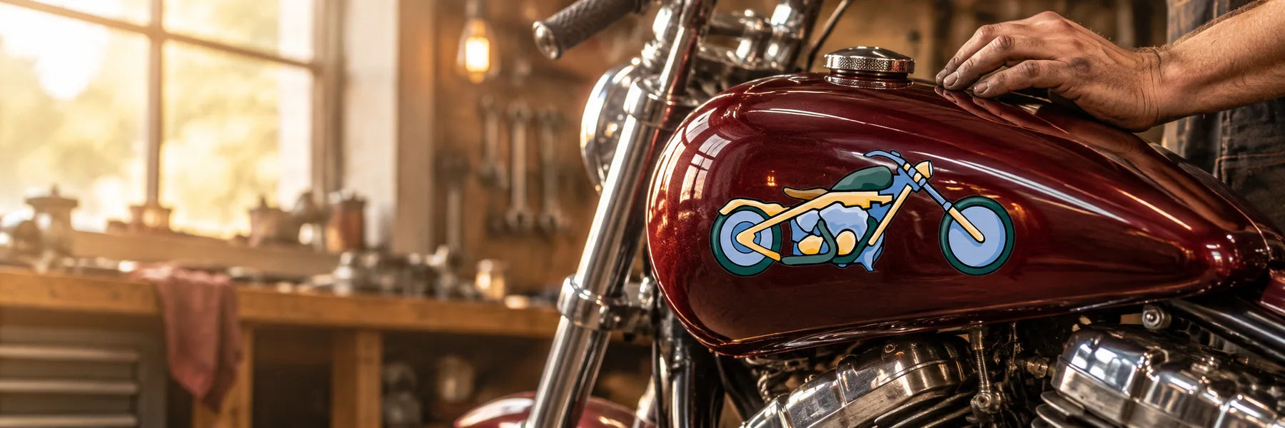 Illustrative Chopper Stickers application scene: Close three-quarter photograph of a deep burgundy motorcycle fuel tank in a warmly lit custom-bike workshop. Apply the reference blue/yellow FULL COLOR chopper sticker accurately to the tank, preserving its colors; a mechanic’s hand and chrome engine are peripheral context. No gear case.