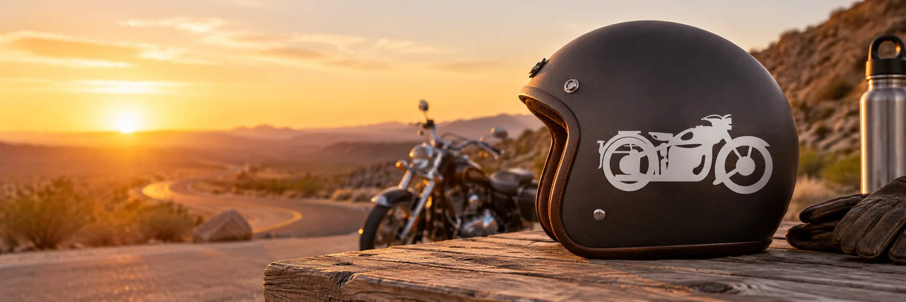 Illustrative Chopper Decals application scene: A matte charcoal motorcycle helmet resting on a roadside picnic table at golden sunset, winding desert road and parked classic cruiser blurred behind. Exact reference motorcycle silhouette as white cut vinyl on helmet. Low eye-level view, not a toolbox.