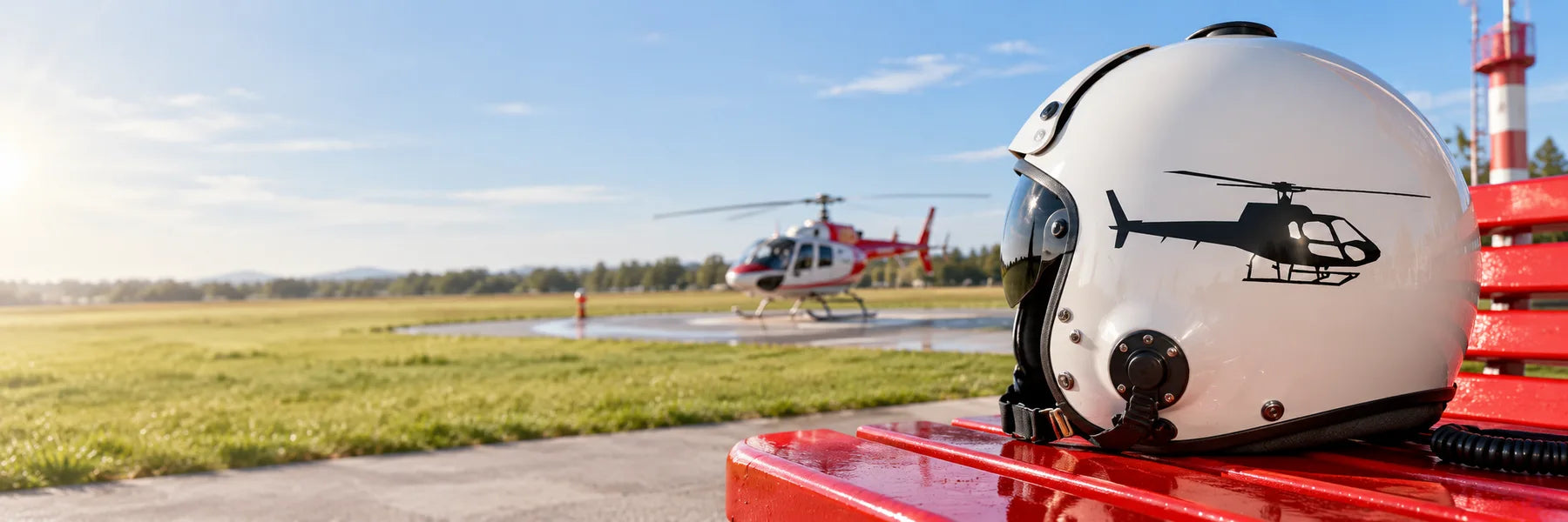 Illustrative Helicopter Decals application scene: A glossy ivory pilot flight helmet on a red-painted outdoor bench at a helicopter landing field, exact reference helicopter silhouette in black vinyl on helmet, distant helicopter and grass. Bright open sky, strong red/white palette.