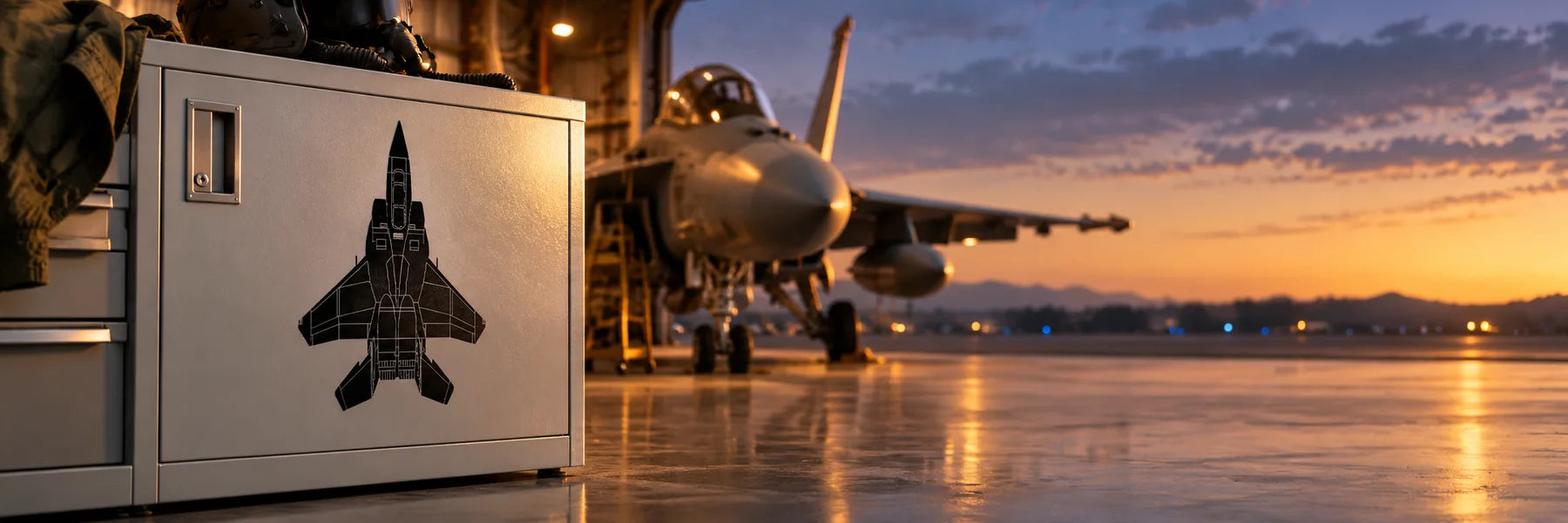 Illustrative Jet Decals application scene: An amber hangar at twilight, exact reference top-view jet silhouette in BLACK cut vinyl on a smooth pale gray metal hangar cabinet, real jet nose soft background. Dramatic low horizontal perspective and warm/cool light.