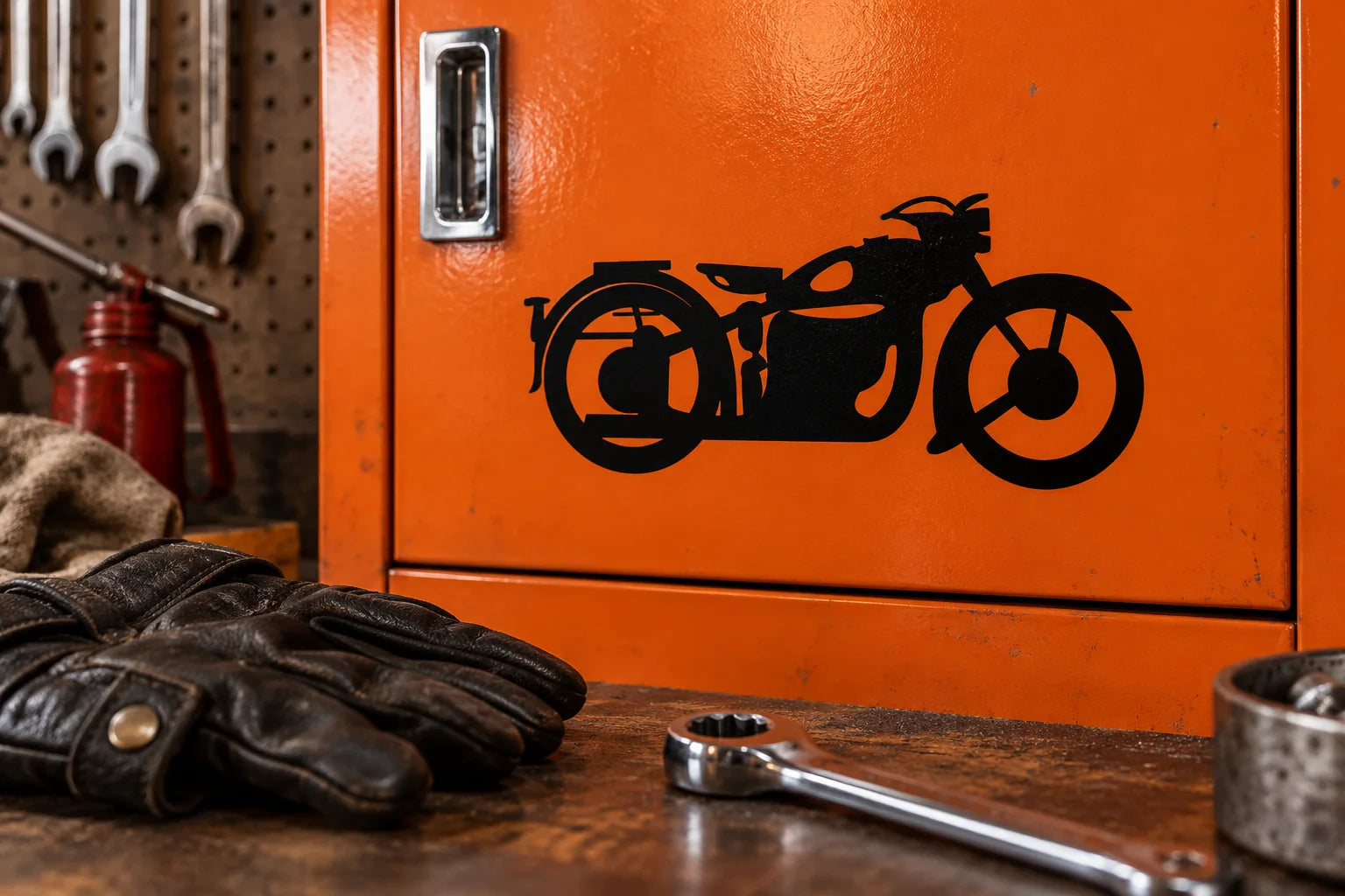 Illustrative Motorcycle Decals application scene: Close view of an orange garage cabinet door with exact reference chopper silhouette in black vinyl, leather gloves and chrome wrench on nearby bench. Warm authentic garage detail, different from coastal hero.
