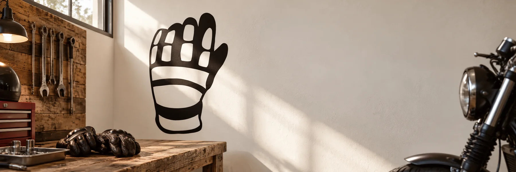 Illustrative Motorcycle Gear Decals application scene: Warm reclaimed-wood motorcycle workshop with an off-white smooth painted feature wall carrying the exact black glove vinyl graphic. Riding gloves on bench, light shaft from high window. Wide room photograph, not a case or helmet.