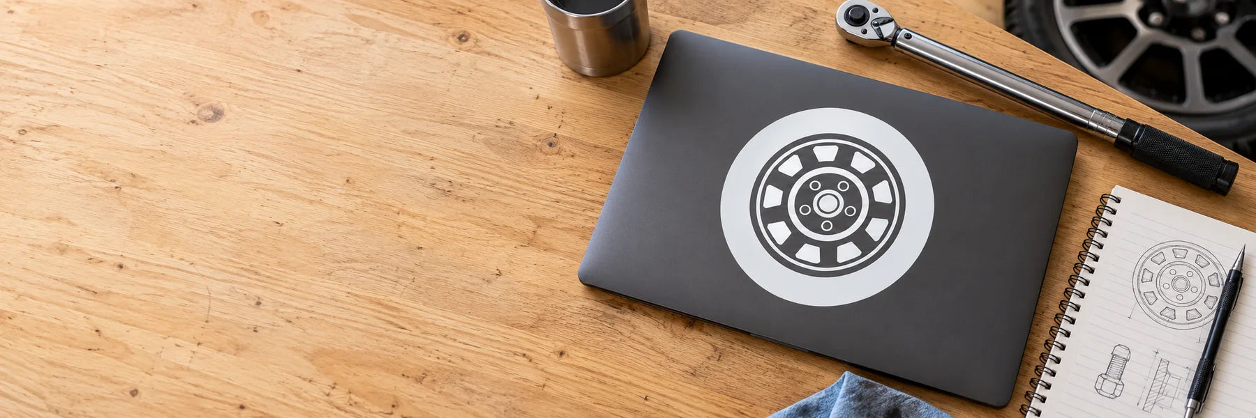 Illustrative Tire and Rim Decals application scene: Top-down lifestyle photograph of a charcoal laptop on an oak garage desk, exact reference rim graphic in white cut vinyl on laptop lid, workshop notebook, torque wrench, blurred real wheel at edge. Bright graphic flat-lay composition, no case.