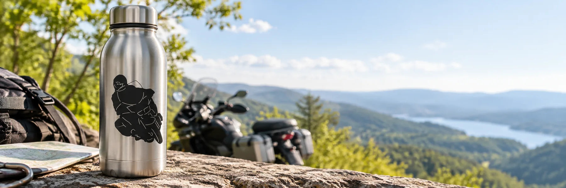 Illustrative Sport Touring Bike Decals application scene: Stainless steel insulated water bottle standing on a mountain overlook picnic ledge, exact reference touring rider graphic in black vinyl, touring motorcycle blurred against green valley. Close product detail, fresh daylight and greenery.