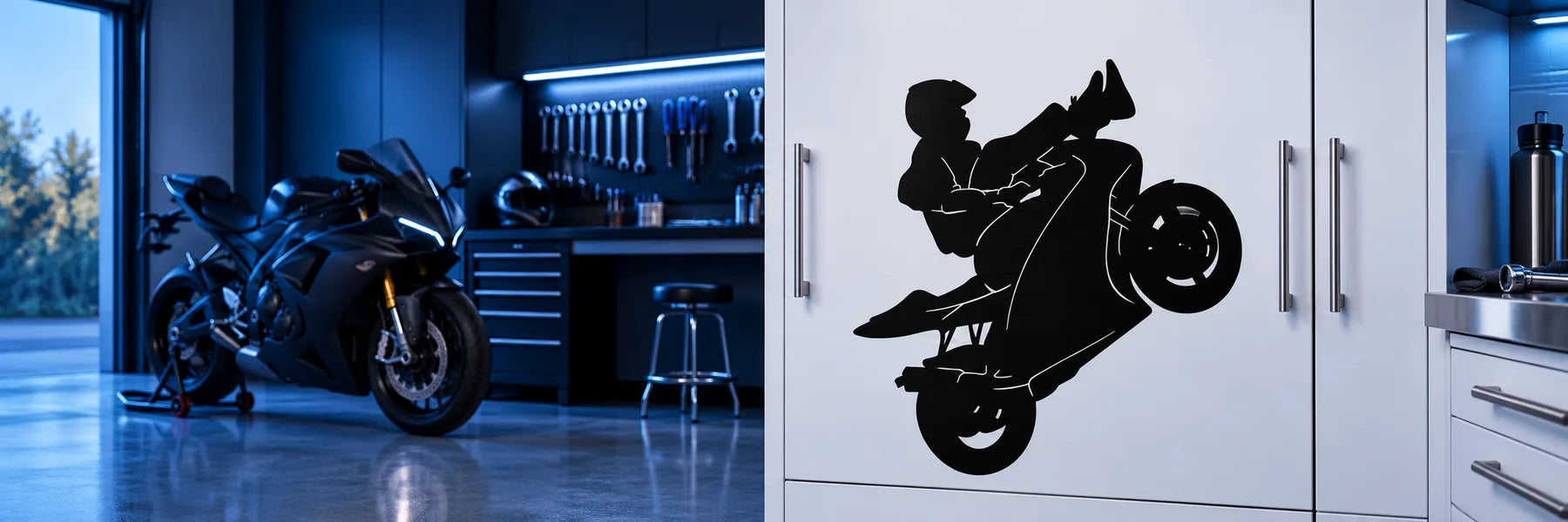 Illustrative Super Sport Bike Decals application scene: Cool blue-lit modern motorcycle garage, large smooth white cabinet door wearing the exact black motorcycle rider silhouette, sport bike and clean tools softly behind. Straight-on graphic architectural composition.