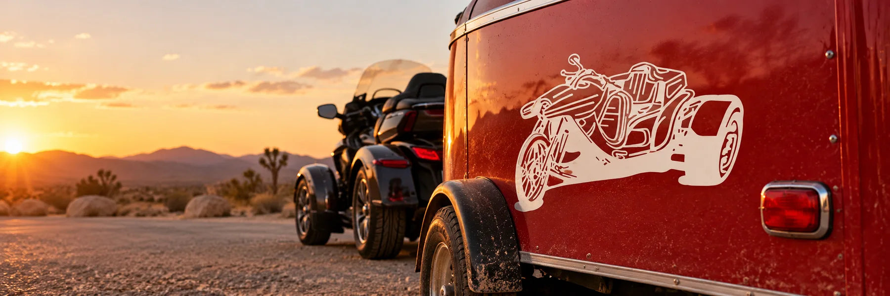 Illustrative Trike Decals application scene: Rear smooth red metal side panel of a compact trailer beside a parked three-wheel motorcycle at a desert roadstop. Exact reference trike artwork as white cut vinyl, dusty warm sunset, angle from low rear corner.