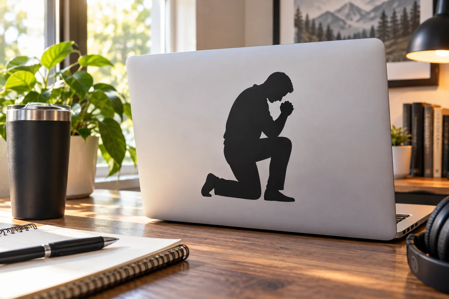 Illustrative Kneeling Prayer Decals vinyl application in a realistic separate close-up lifestyle scene.