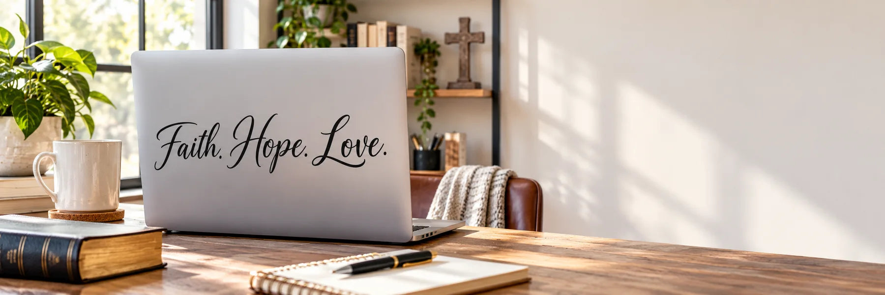 Illustrative Religious Quote Decals vinyl application in a realistic panoramic lifestyle scene.