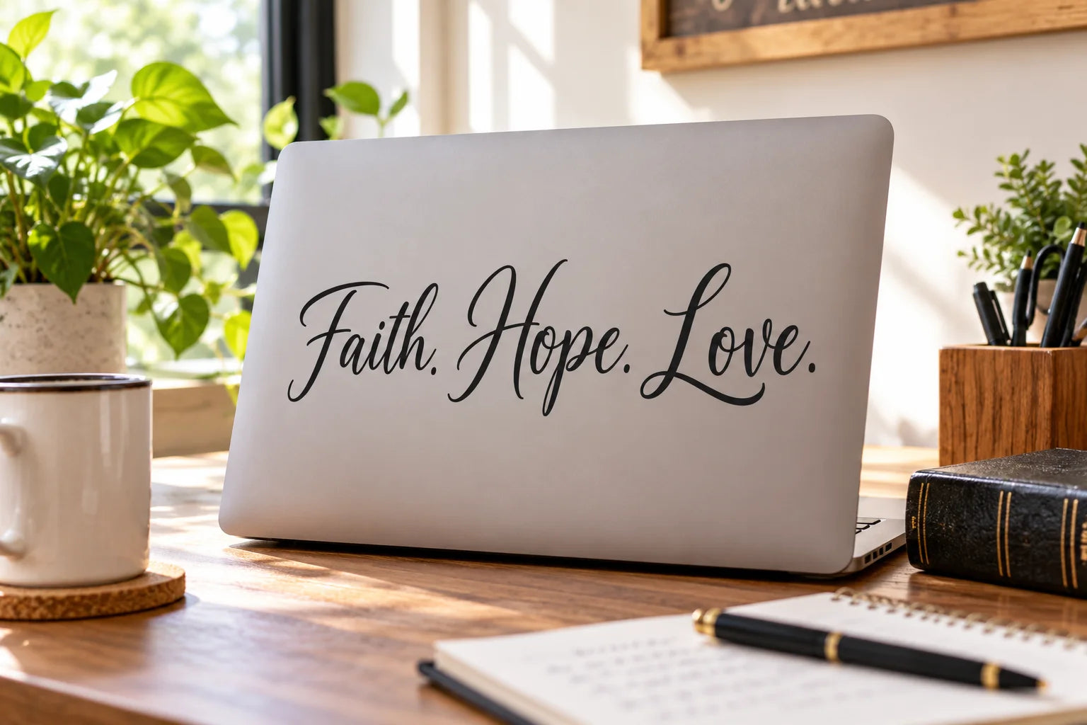 Illustrative Religious Quote Decals vinyl application in a realistic separate close-up lifestyle scene.
