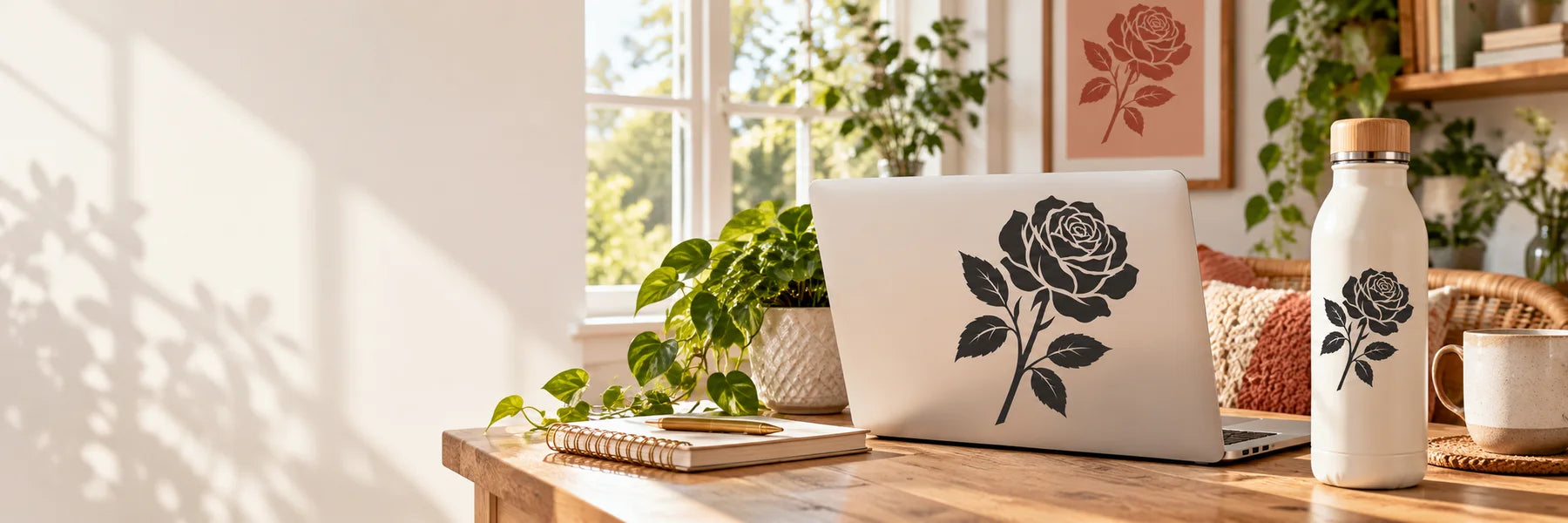Illustrative Rose Decals vinyl application in a realistic panoramic lifestyle scene.