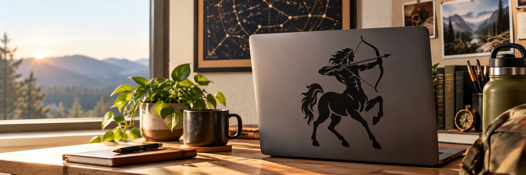 Illustrative Sagittarius vinyl application in a realistic panoramic lifestyle scene.