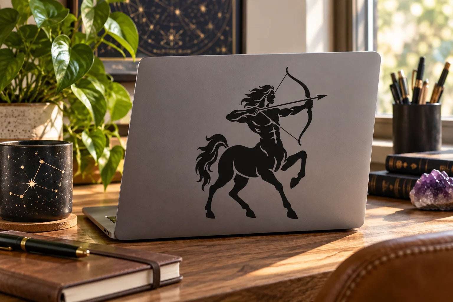 Illustrative Sagittarius vinyl application in a realistic separate close-up lifestyle scene.