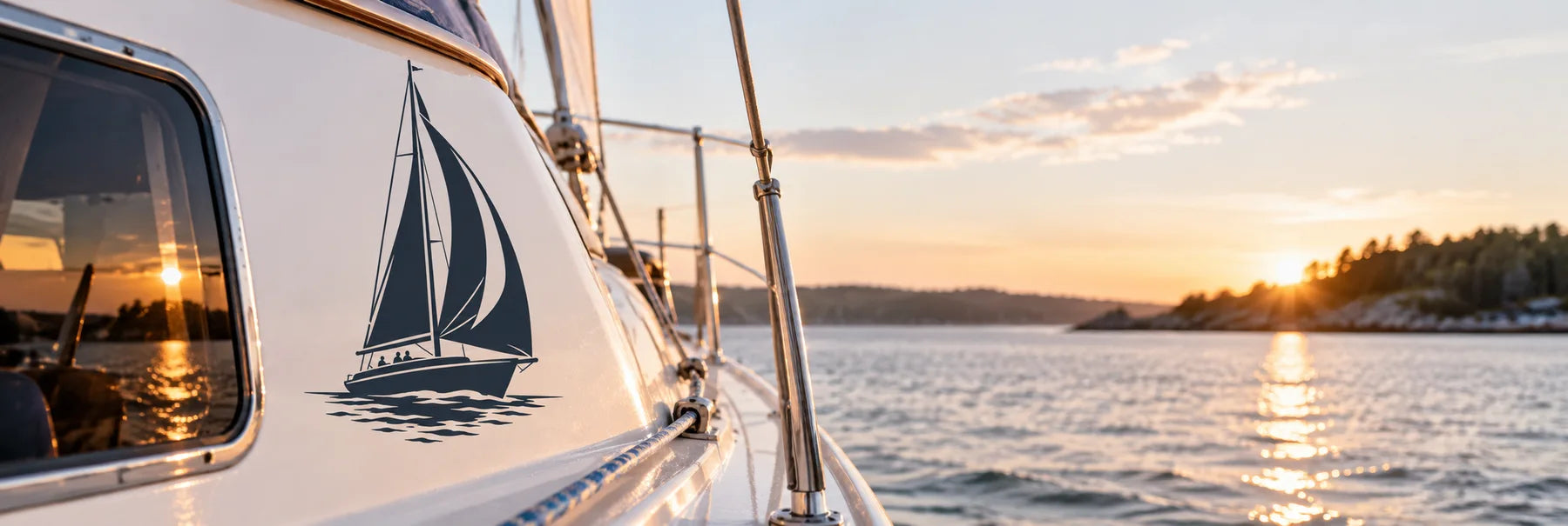 Illustrative Sailboat Decals vinyl application in a realistic panoramic lifestyle scene.