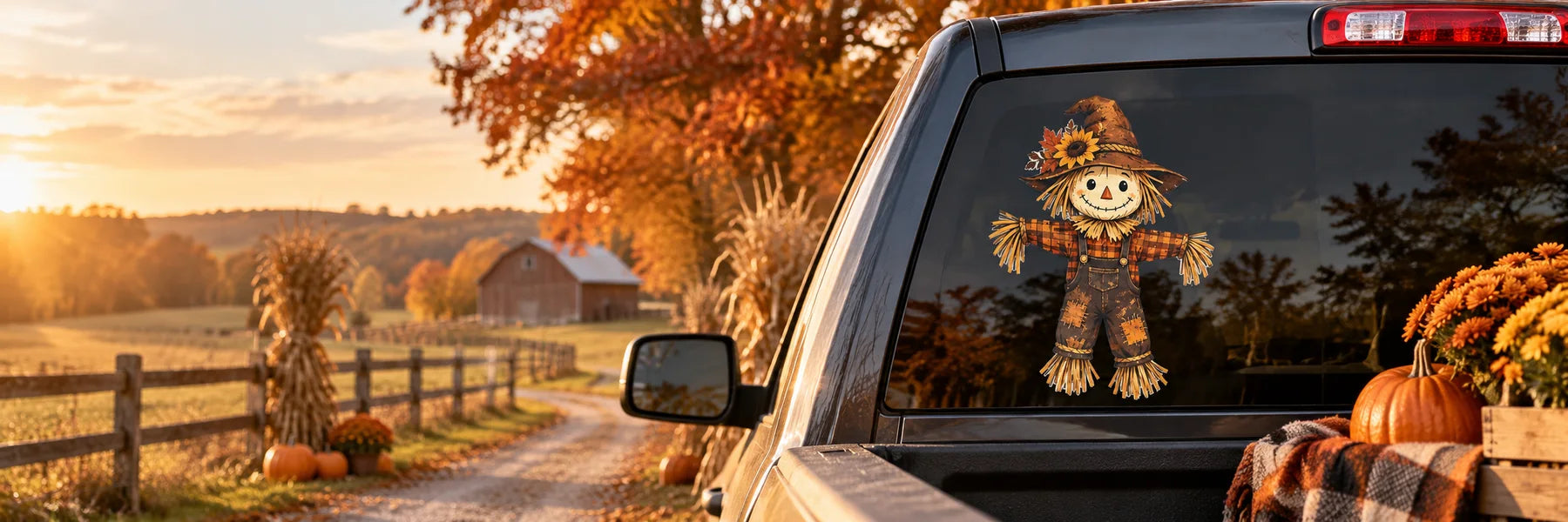 Illustrative Scarecrows vinyl application in a realistic panoramic lifestyle scene.