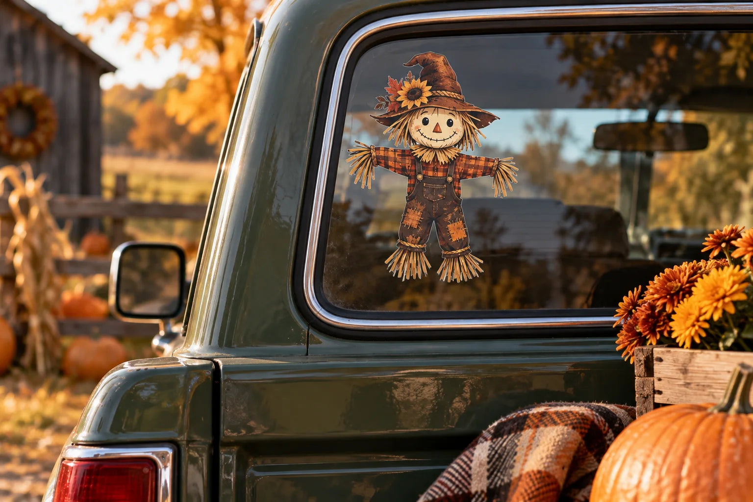 Illustrative Scarecrows vinyl application in a realistic separate close-up lifestyle scene.